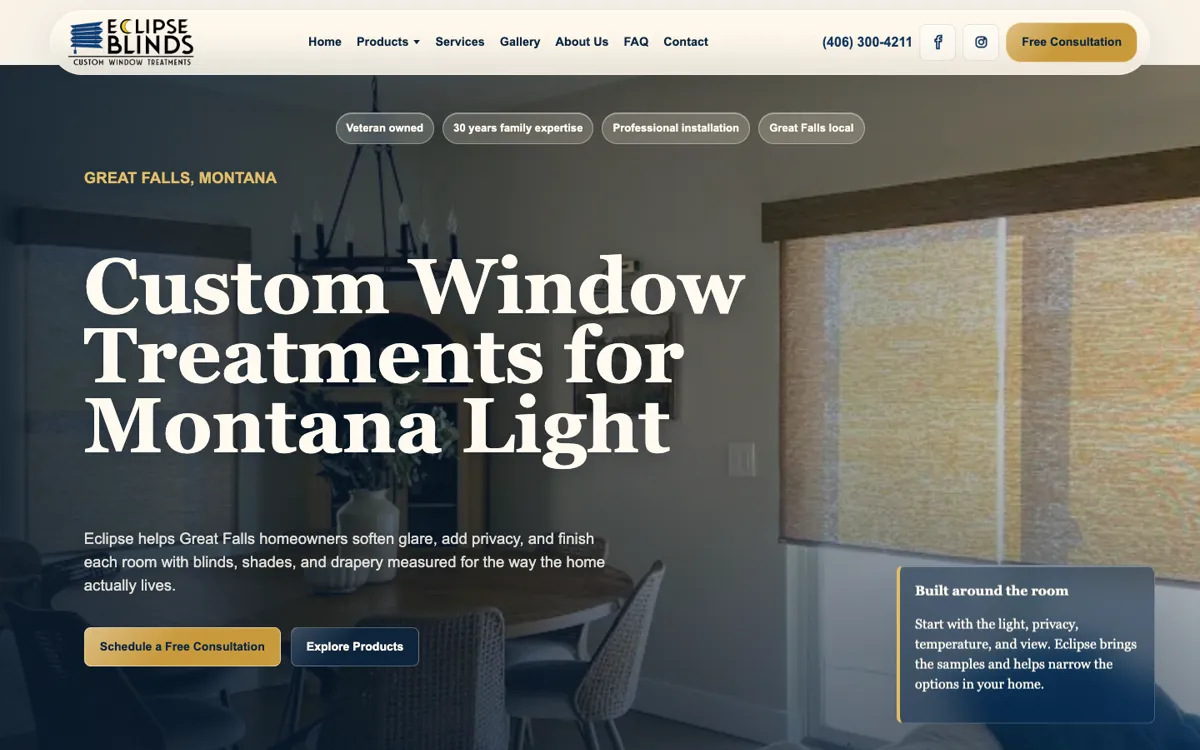 Screenshot of the Eclipse Blinds homepage